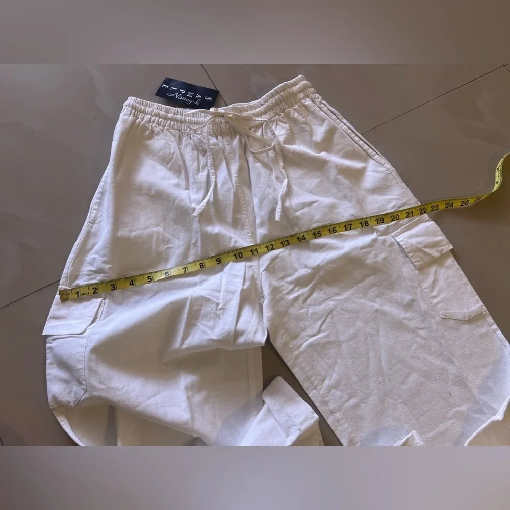 Cargo pants sample Nancy-R women cargo pants white elastic waist tie cotton